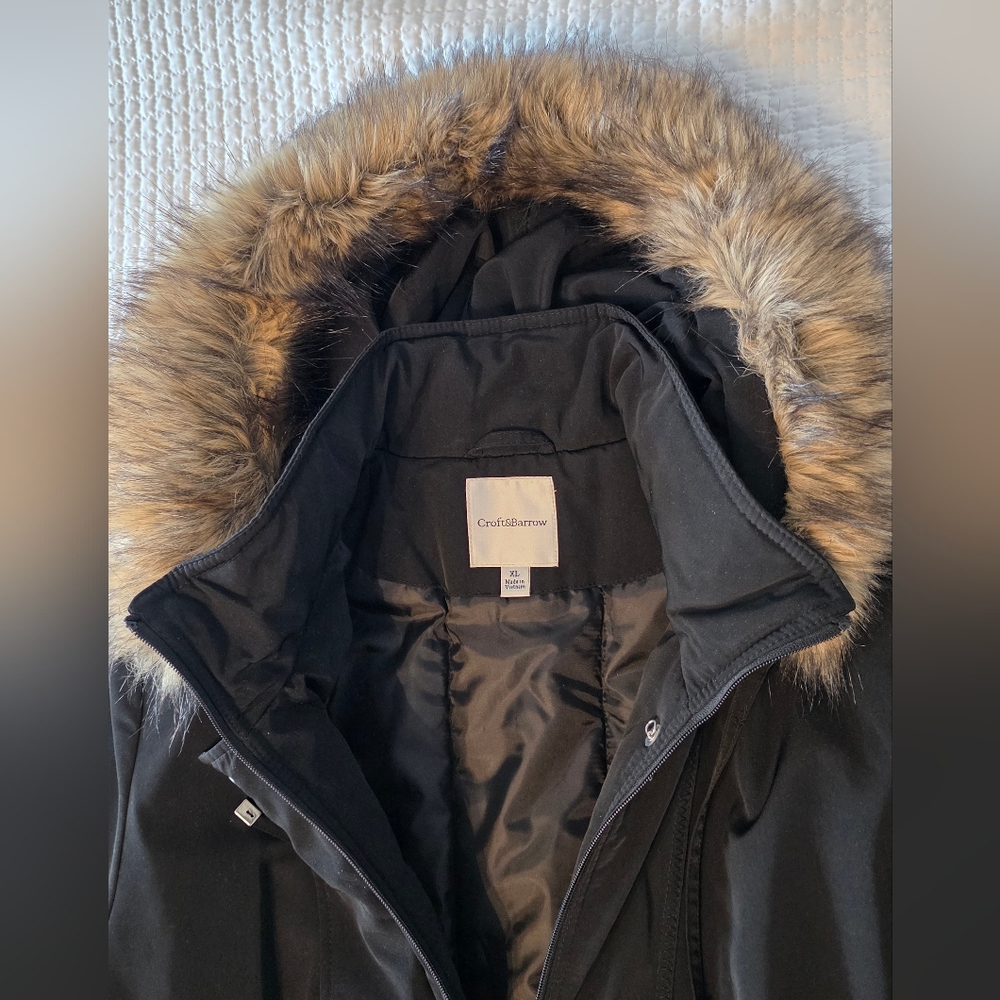 NWT Croft & Barrow Women's Black Parka Coat with Faux Fur Hood, Size XL - Picture 4 of 13